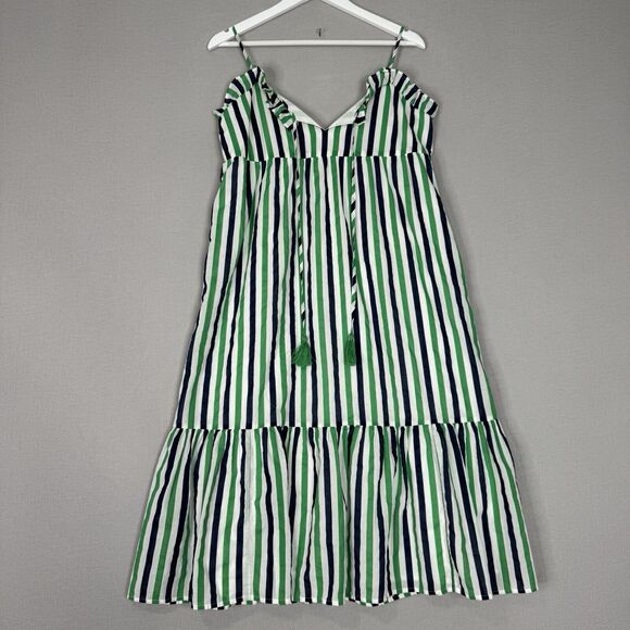 J.Crew Womens Dress M Green Stripe Tassel Tiered Midi Coastal Beachy Nautical